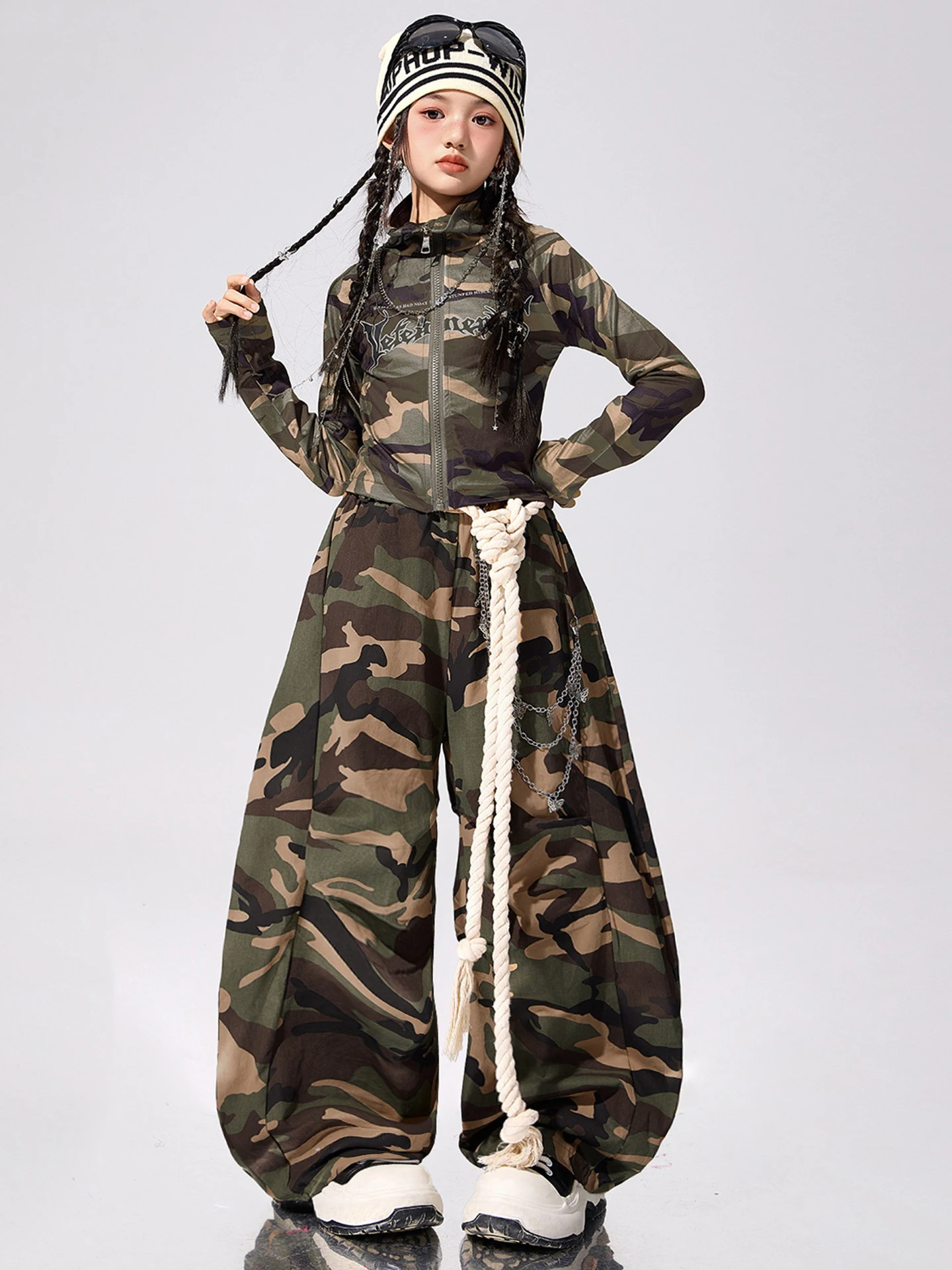 Novas meninas hip hop roupas de dança camuflagem mangas compridas terno crianças jazz dança topos calças prática desempenho traje palco wear