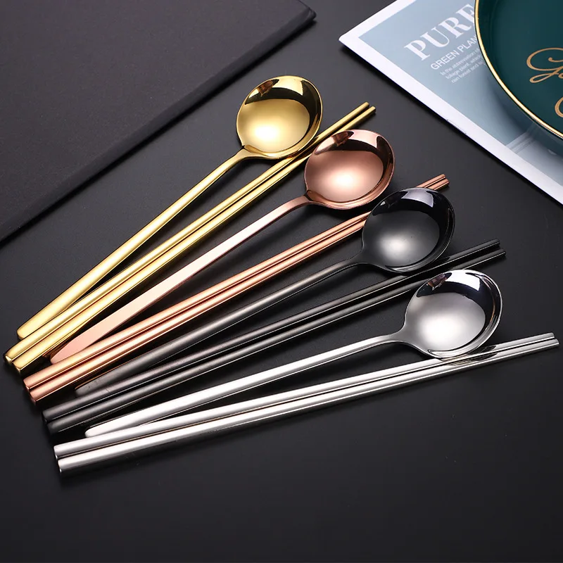 Western Long Handle Chopsticks Round Spoon Cutlery Set 304 Stainless Steel Solid Color Dinnerware Tableware Utensils for Kitchen