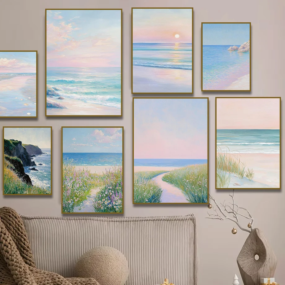 Wildflower gab dem Sonnenuntergang die Schuld, dass er zu rosa war – Rahmenlose Leinwand mit sommerlichem Küstenstrandmotiv für Wohnzimmer-Heimdekoration Cuadros