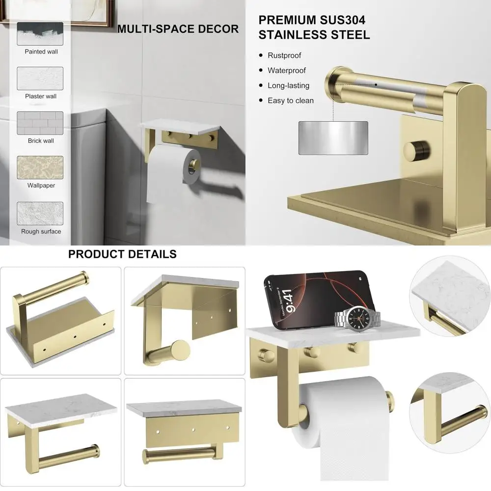 

Marble-Top Wall-Mounted Brushed Gold Toilet Paper Holder with Phone Shelf for Home Bathrooms