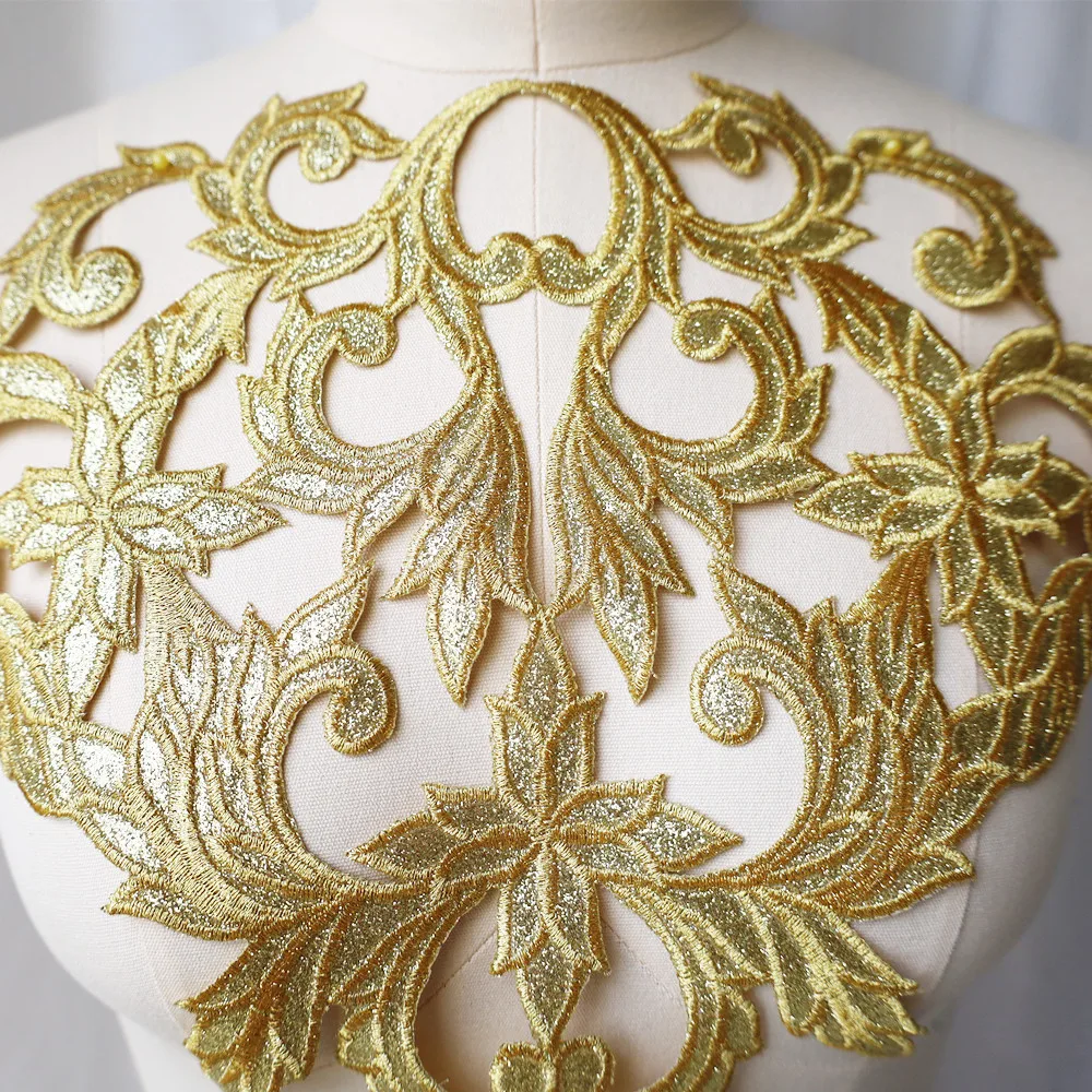 Gold Embroidery Sequin Shiny Flower Applique Collar Sew Iron Patch For Wedding Bridal Gown Party Dress DIY Clothes Decor Crafts