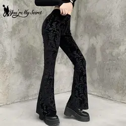 [You're My Secret] Vintage Gothic Print Black Pants for Women Goth Harajuku High Waist Flared Pants Gothic Aesthetic Punk High