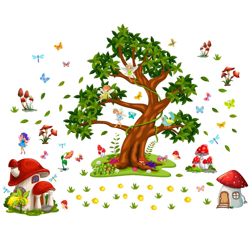 Big Tree Mushroom Elf Butterfly Wall Sticker DIY Background Wall Living Room Bedroom Home Decorat Sticker Waterproof Antifouling