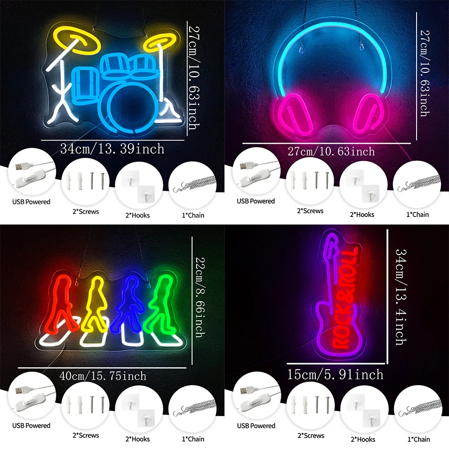 Rock Roll Led Neon Sign, Band Drum Set Icon, Used For Bedroom, Beer Bar, Music Studio, Recording Studio, Game Room, Party Decor.