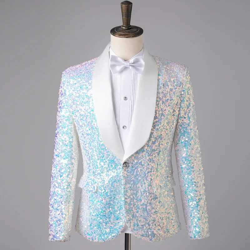 

Luxury Men's Sequins Blazer Coat Slim Fit One Button Dress Suit Jacket Male Banquet Party Stage Performance Singer Host Tuxedo