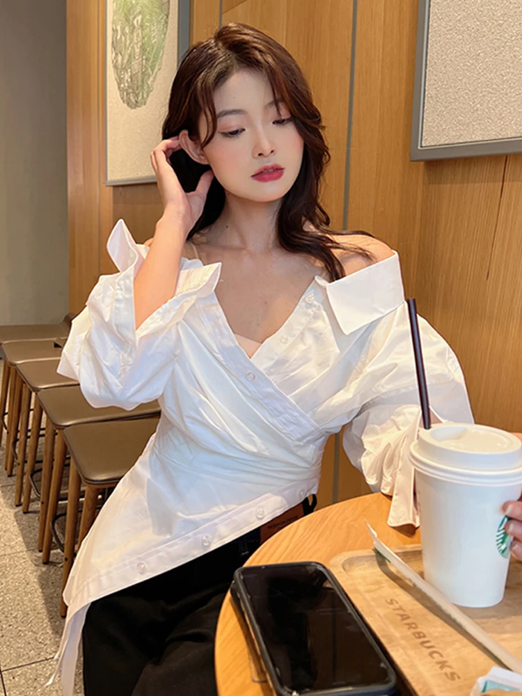 TWOTWINSTYLE Korean Fashion White Shirt For Women V Neck Long Sleeve Off Shoulder Patchwork Buttons Shirts Female Spring Clothes