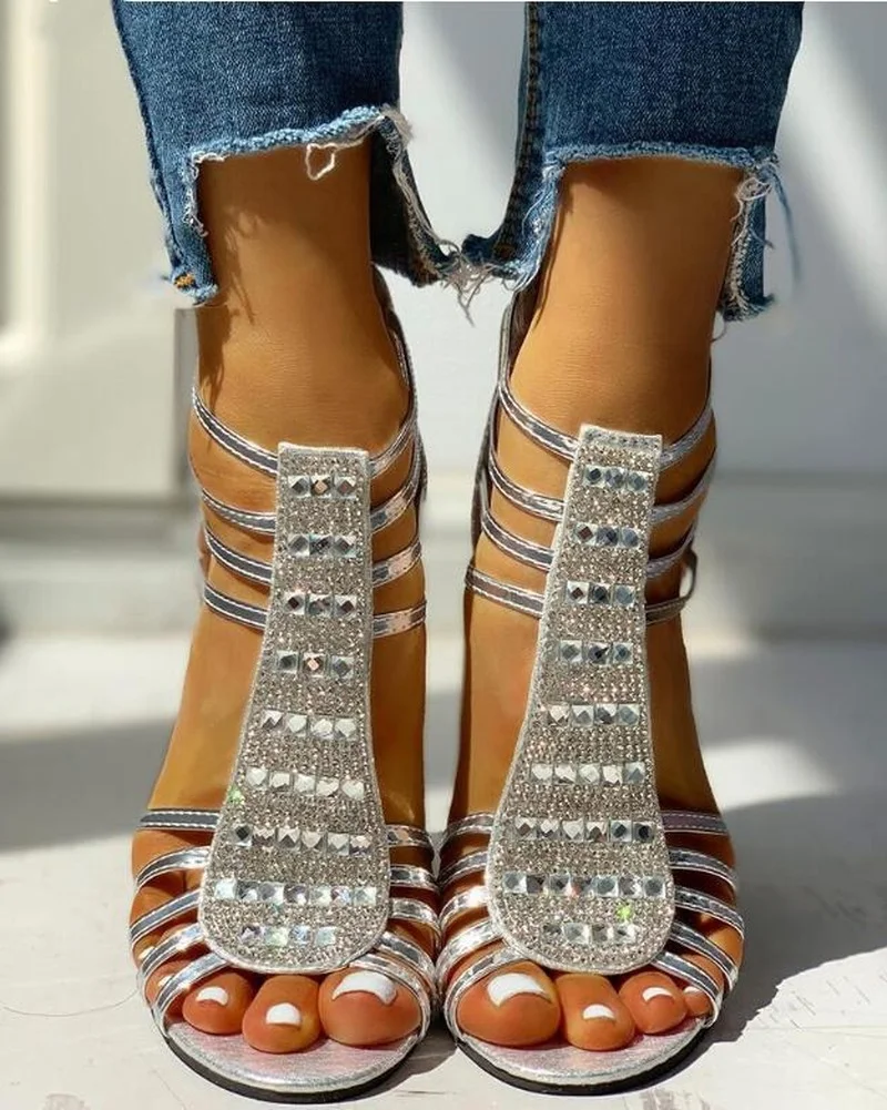 Comemore 2023 Summer Pumps Shoe High Heels Bling Fashion Medium Heel Shoes Women Rhinestones Sandalias Mujer New Women\'s Sandals