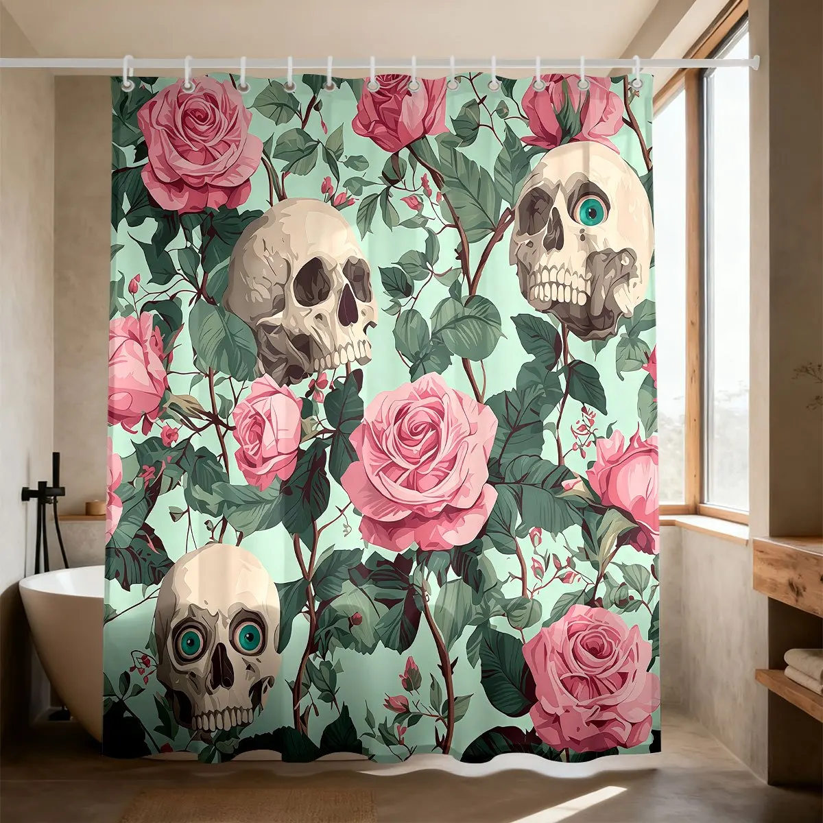 Gothic Skull & Pink Rose Shower Curtain Polyester Digital Printing Dark Romantic Pattern With Human Skulls, Large Pink Blooming