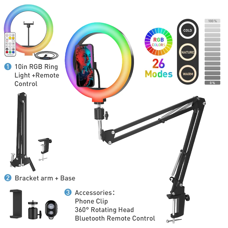 Yizhestudio 26cm LED 26 RGB Lighting with Folding Arm Tripod with 1/4 screw Phone Stand Desktop Light for YouTobe Streaming