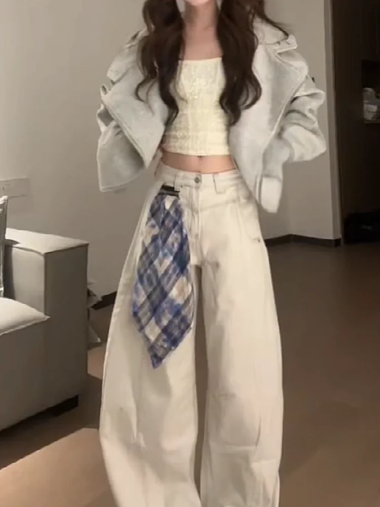 

Retro American White Square Scarf Splicing Wide Leg Jeans Women's Loose Fit Casual Pants High Waist Denim Pants Autumn Design