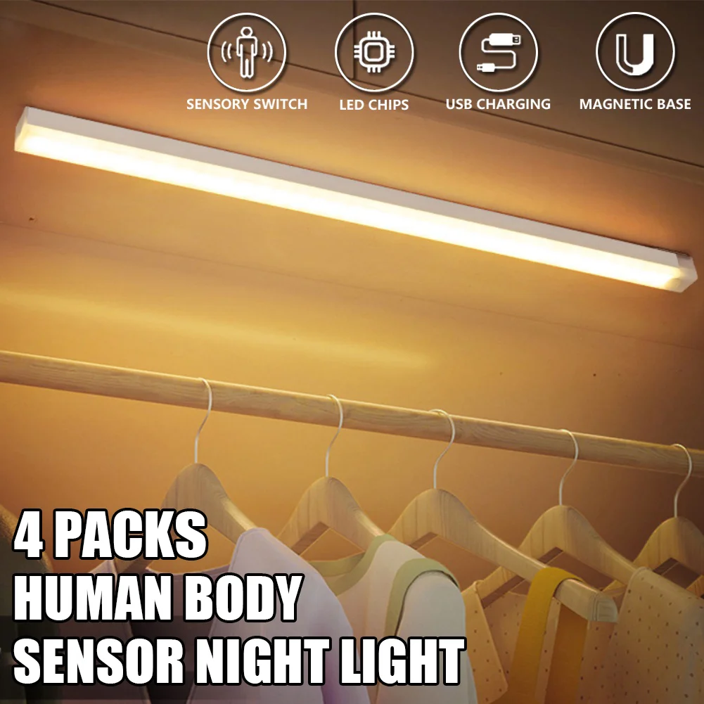 

Светодиодный датчик движения, 4 шт., светильники для шкафа, беспроводная перезаряжаемая, идеально подходят для шкафа, кухни, гардероба, лестницы, коридора, ночника