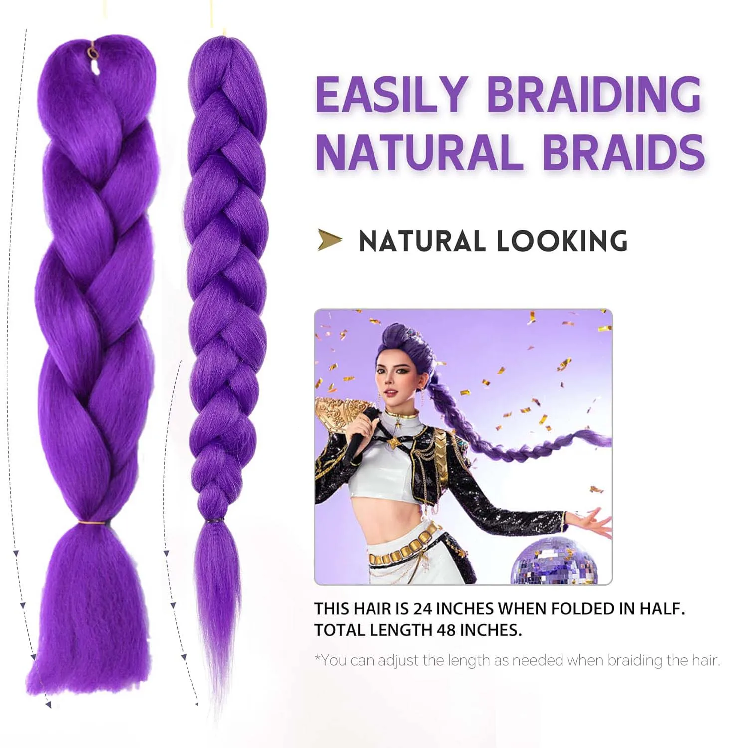 وصلات شعر تجديل أرجوانية صناعية بطول 24 بوصة لضفائر الكروشيه DIY جديلة ذيل حصان جامبو، تصفيفة شعر رومي، شعر متعدد الألوان