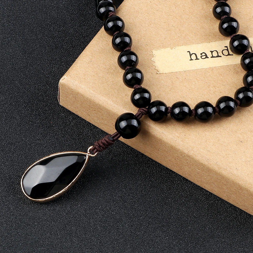 Drop Pendant Men Necklace Handmade Knotted 8mm Shiny Matte Black Onyx Beads Necklace Rosary Women Yoga Meditation Jewelry Gifts