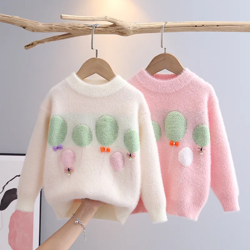 Fuzzy Faux Mink Fleece Crew Neck Pullover Sweater for Girl Lovely Fabric Balloon Appliques Holiday Outfits with Tiny Bow JY07281