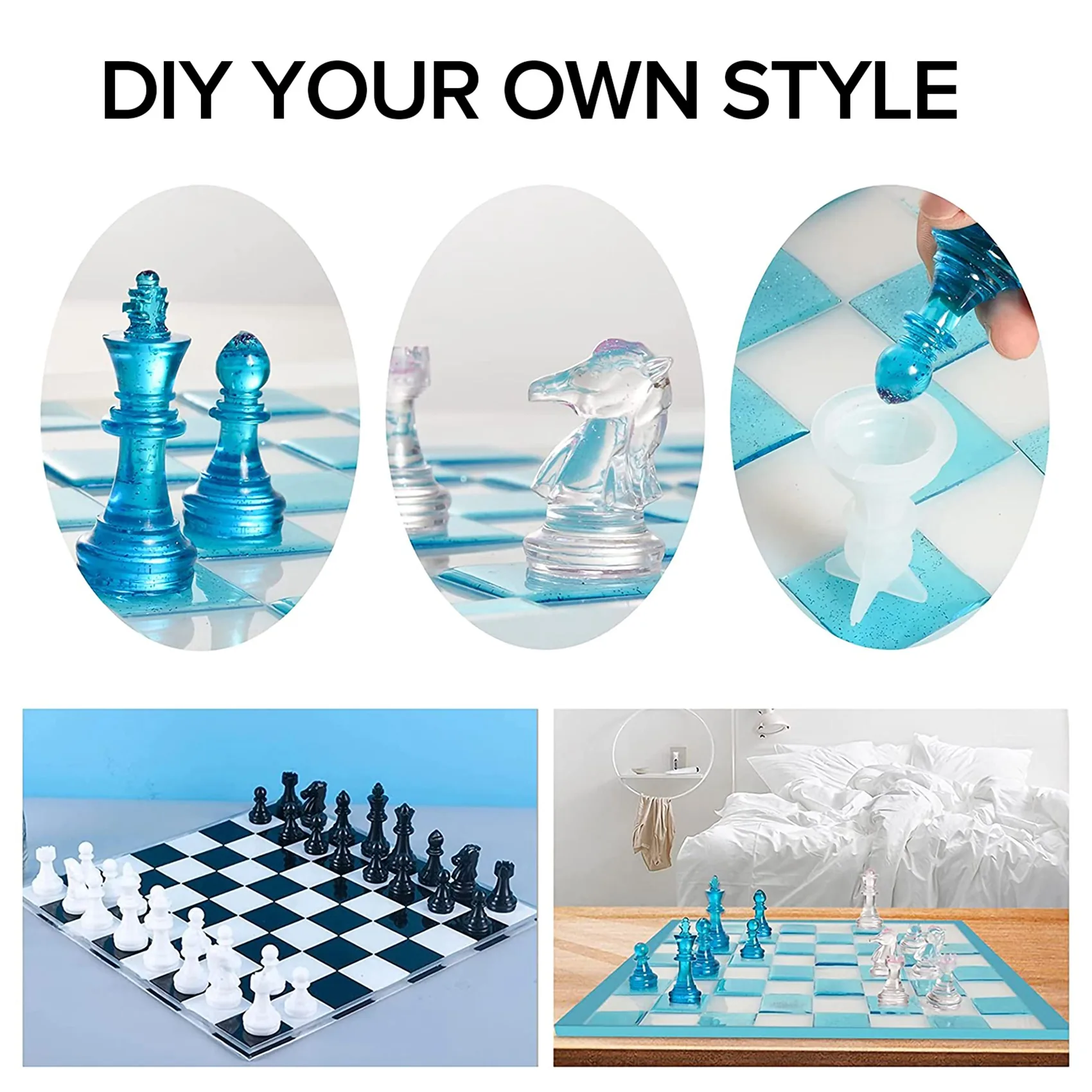 【قطرة السعر】مجموعة قوالب راتينج لوح الشطرنج، قطعة واحدة من قوالب صب الإيبوكسي الكبيرة مع 6 قطع من قطع الشطرنج ثلاثية الأبعاد من السيليكون #4