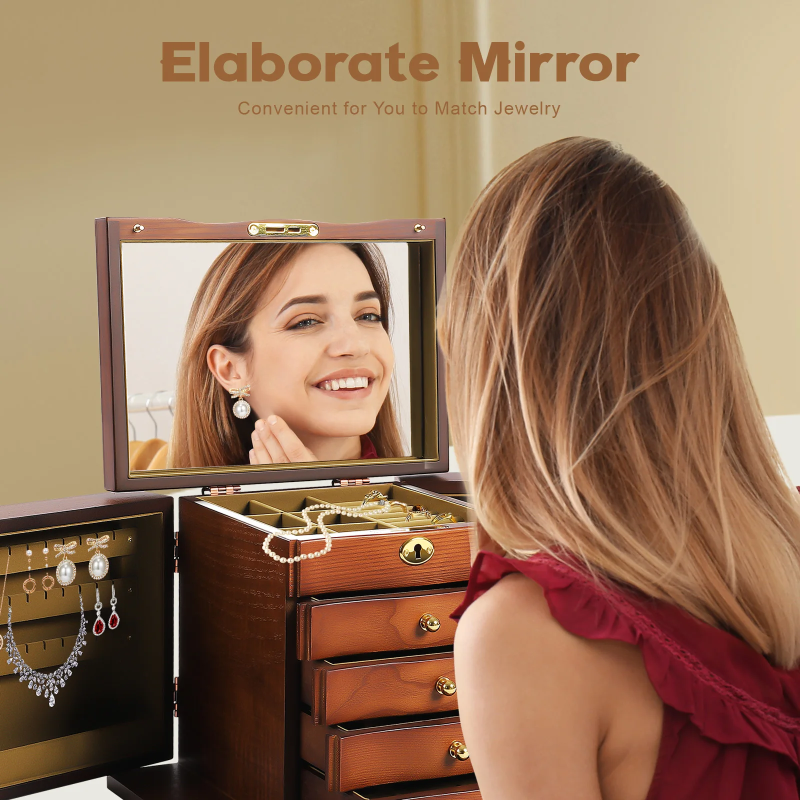 

5-Tier Jewelry Box with Double Doors, Wooden Storage Organizer for Rings, Necklaces and Earrings