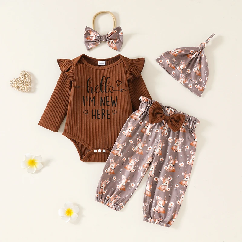 Newborn Baby Girl Fall Outfits Letter Print Long Sleeve Romper Floral/Deer/Heart Print Long Pants Headband Hat 4Pcs Clothes Set