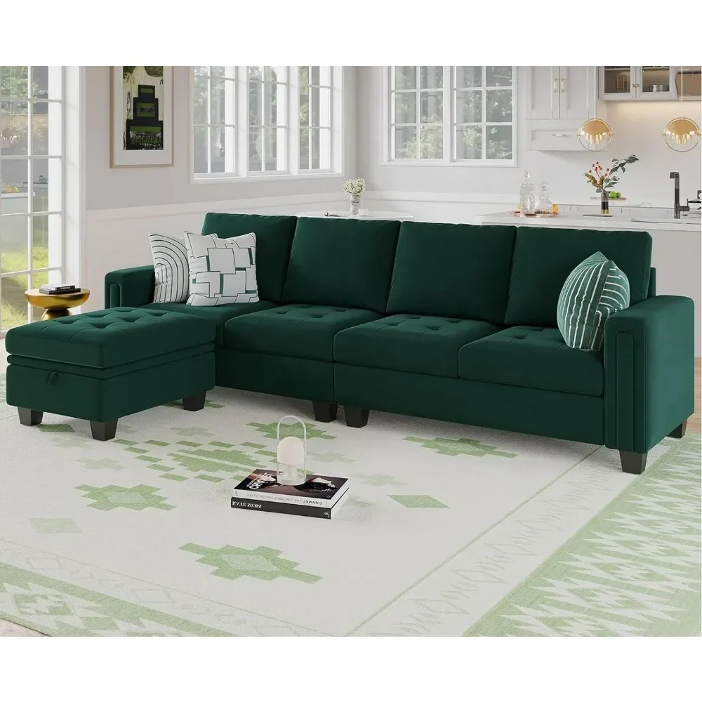 

Living Room Sofas, with Convertible L Shaped 4-seat Sectional Couch with Storage Ottoman ,Velvet Reversible Sectional Sofas