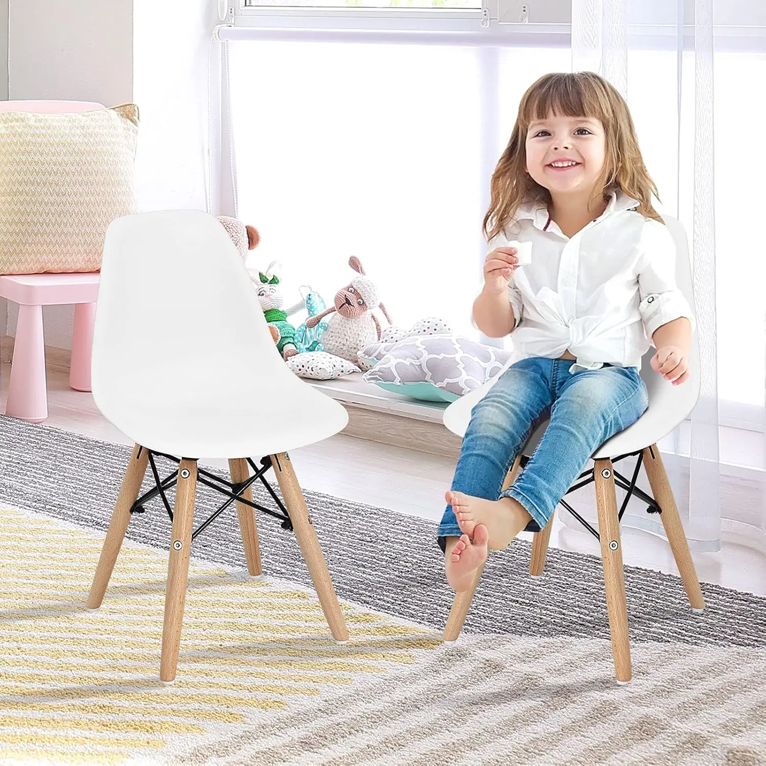 Mini chaise pour tout-petit avec pieds en bois massif, chaise d'étude en plastique du milieu du siècle, base en acier métallique, dossier incurvé, taille DSW, 4 pièces