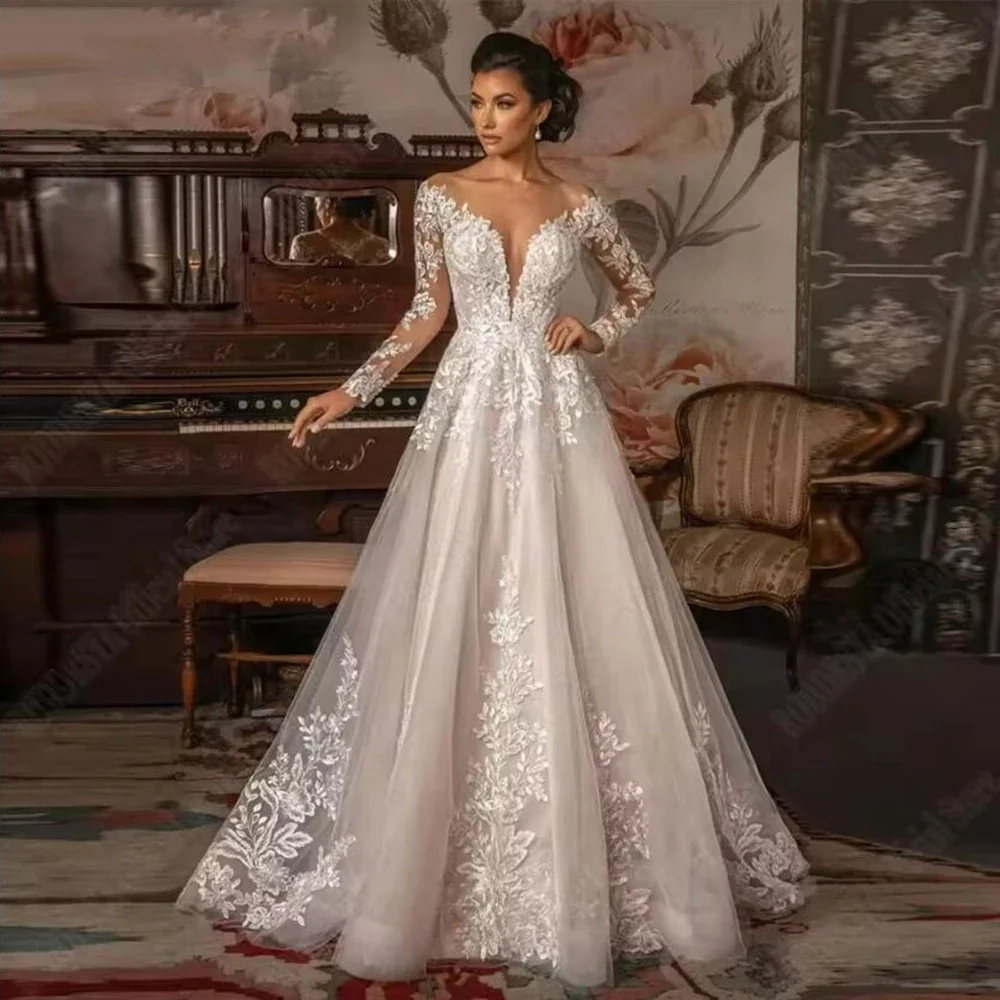 Personalizado elegante a linha vestido de casamento colher pescoço mangas compridas ilusão tule voltar vestidos de noiva renda applique novia