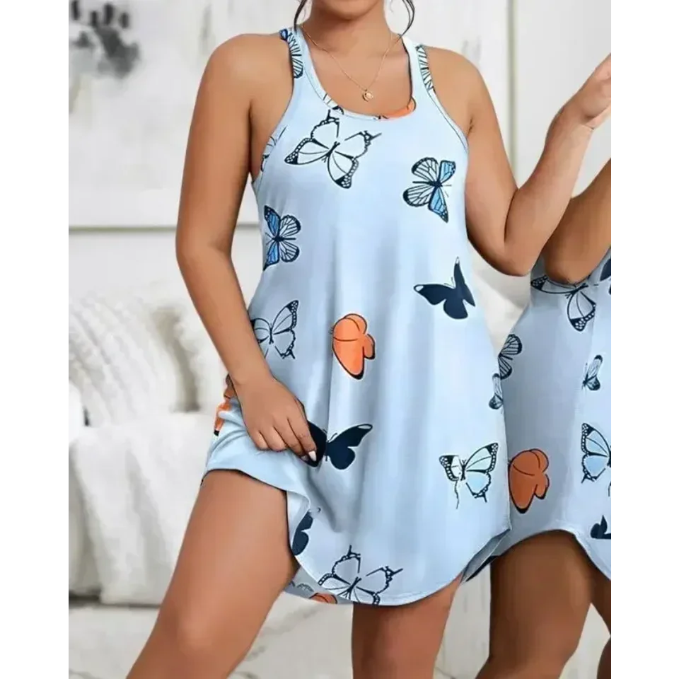 2024 Summer U-Neck Print Sleeveless Sleep Dress Skin Friendly and Comfortable Loose Fitting Nightgown Women