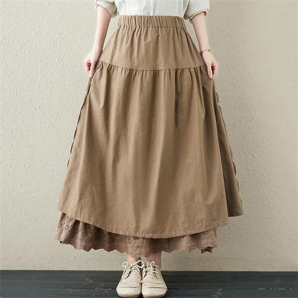 Women Summer Japanese Mori Girl Embroidery Lace Cotton Linen Skirts Vintage High Waist Casual A-Line Boho Skirts Faldas Mujer