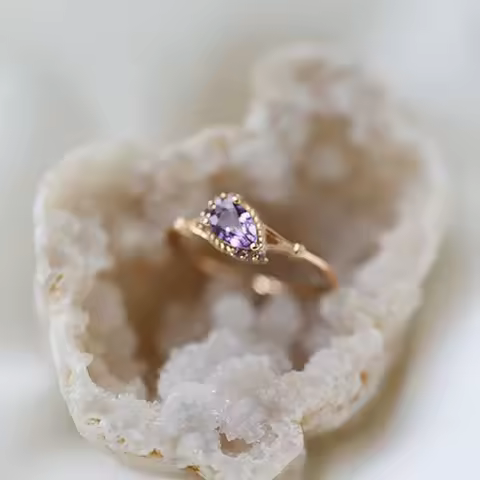 Original Design Inlaid Diamond Water Drop Amethyst Ladies Ring Opening Adjustable Vintage Exquisite Light Luxury Silver Jewelry