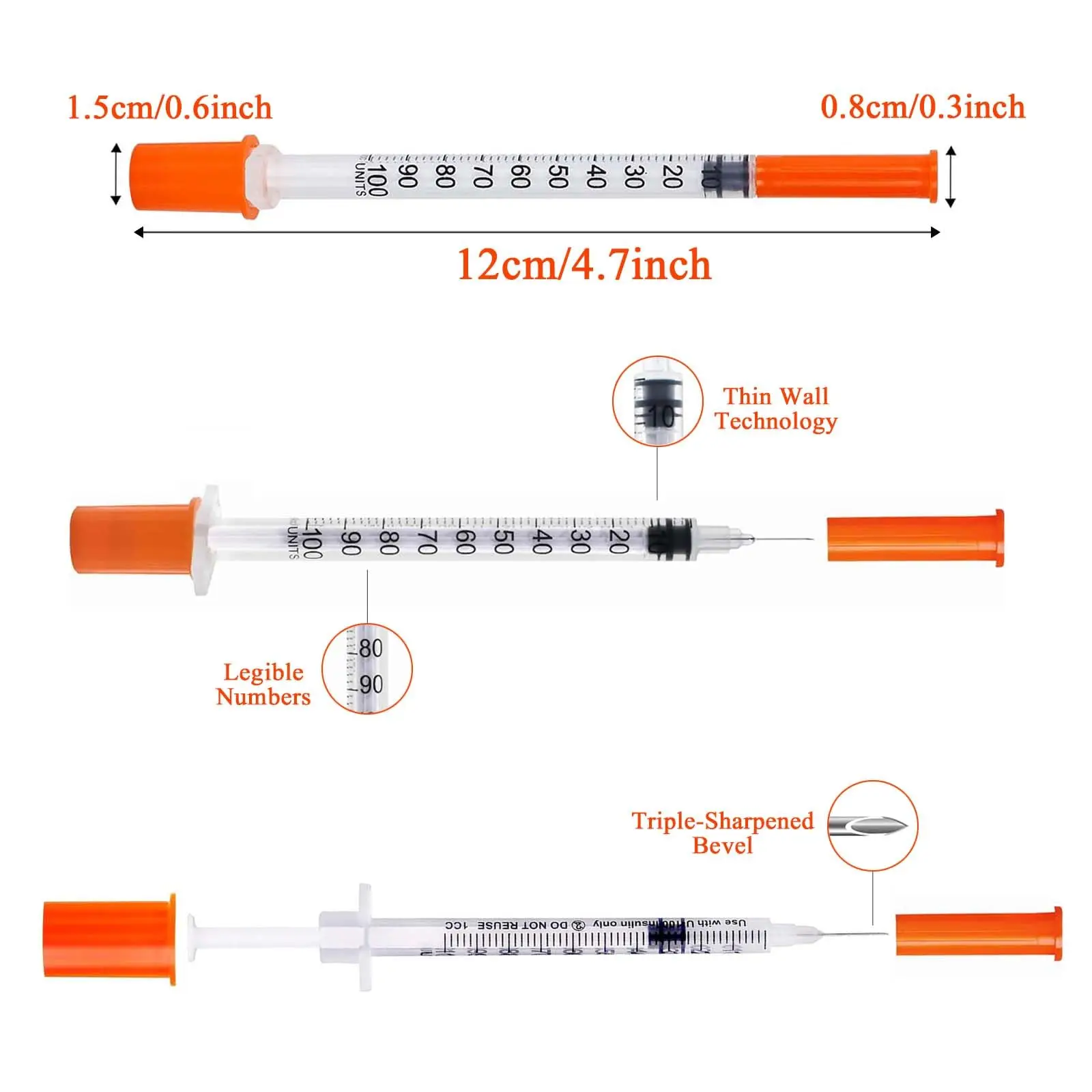 100 Buah 1Ml/cc 30G 8Mm Jarum Suntik Insulin Oranye dengan Jarum, Sekali Pakai Disterilkan Dikemas Secara Individual untuk Memberi Makan Hewan Peliharaan