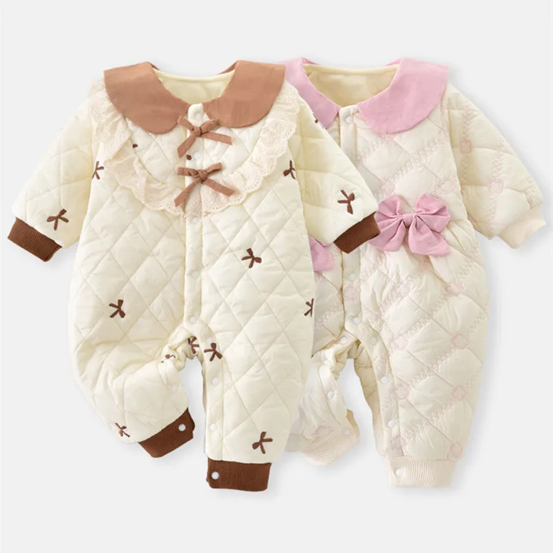 

Baby Girls Winter Jumpsuit Snowsuit Clothes Newborn Cotton Padded Jacket Thick Lace Princess Rompers 0-2 T