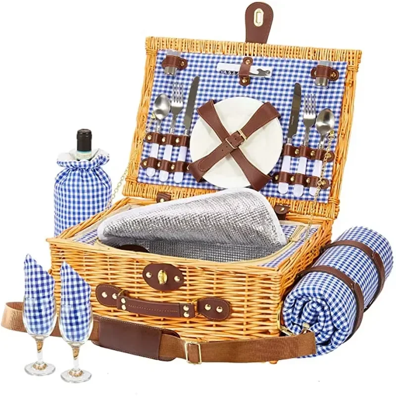Picnic Basket Set for 2 Persons With Large Insulated Cooler Bag Wicker Picnic Hamper