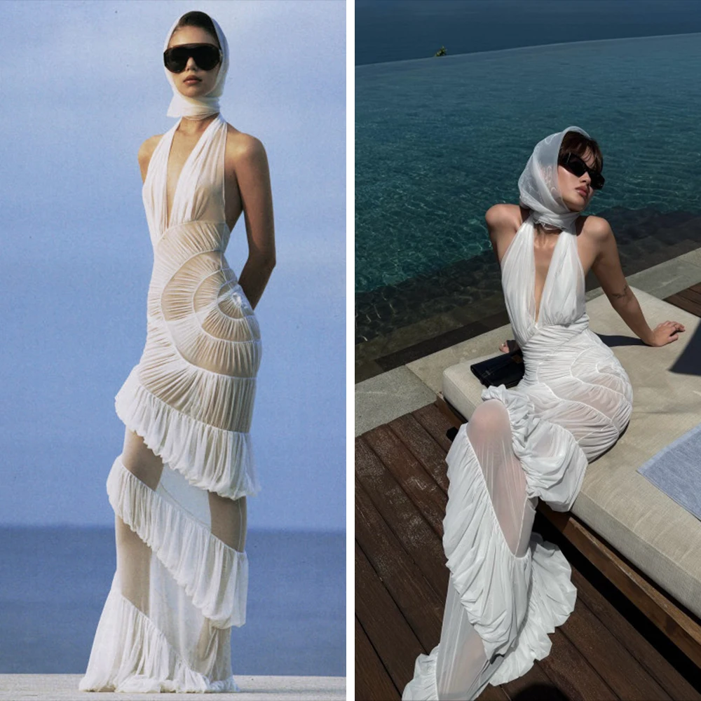 Sexy profundo decote em v halter sem costas smocked em camadas tule vestido de malha pura elegante baile de formatura festa à noite maxi vestidos roupas de férias