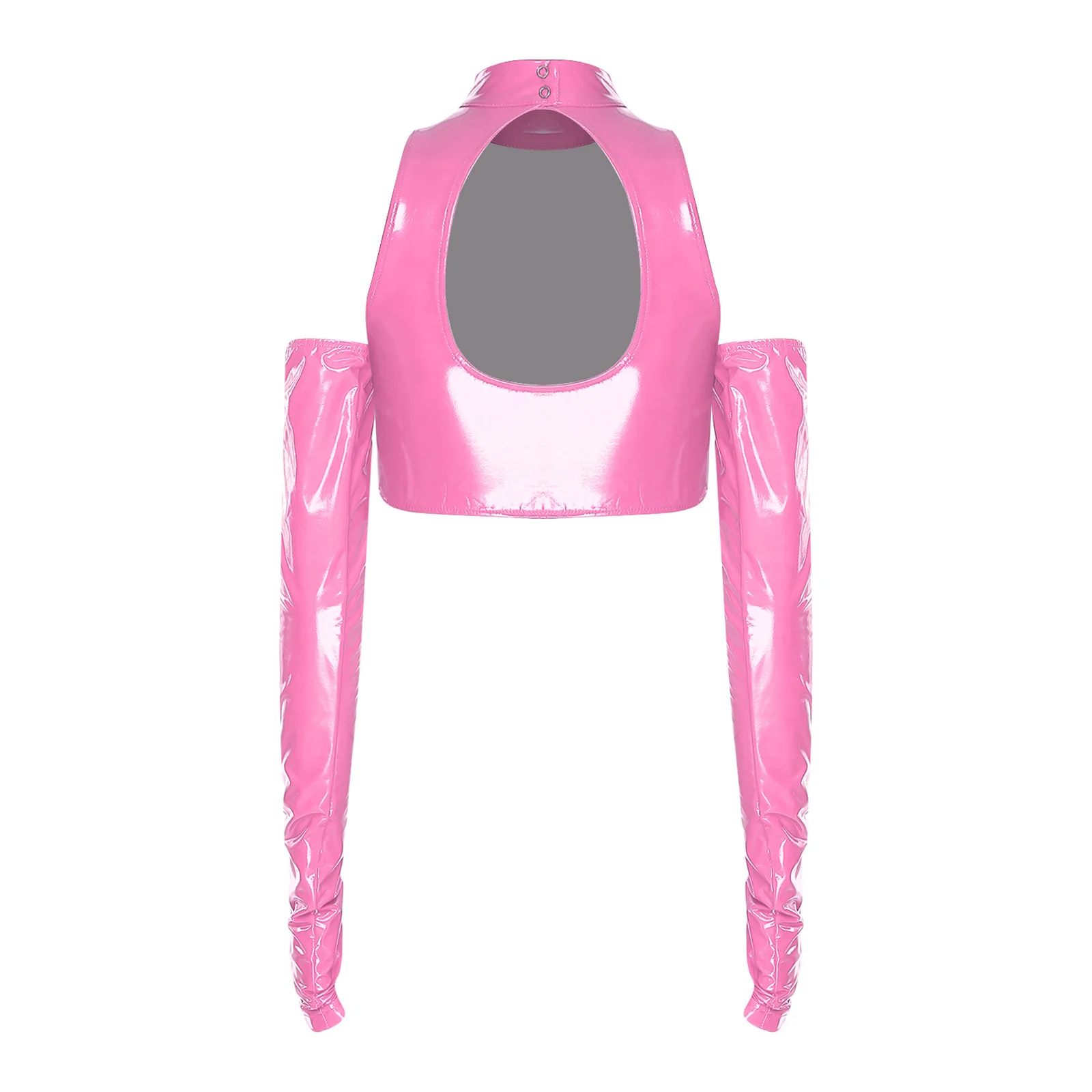 Womens Adult Hollow Out Pullover Top Glossy PU Cropped Top Cold Shoulder Long Sleeve Rave Party Music Festival Costume Clubwear
