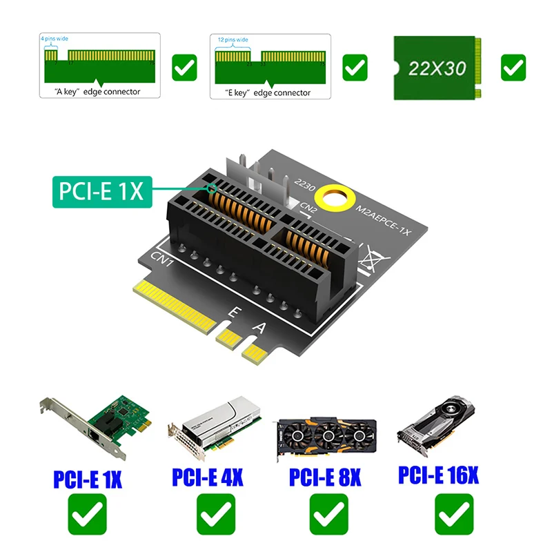 2230 M.2 Key A+E to PCIE X1 Adapter Card PCI Express PCI-E 1X Slot to M2 NGFF Key A/A+E/E Converter Riser Card 4Pin Power Supply