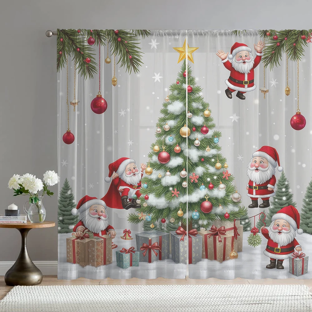 

2Pcs Cartoon Santa Claus And Christmas Tree Print Home Decoration Window Screens, Suitable For Cafes, Restaurants, Bedrooms