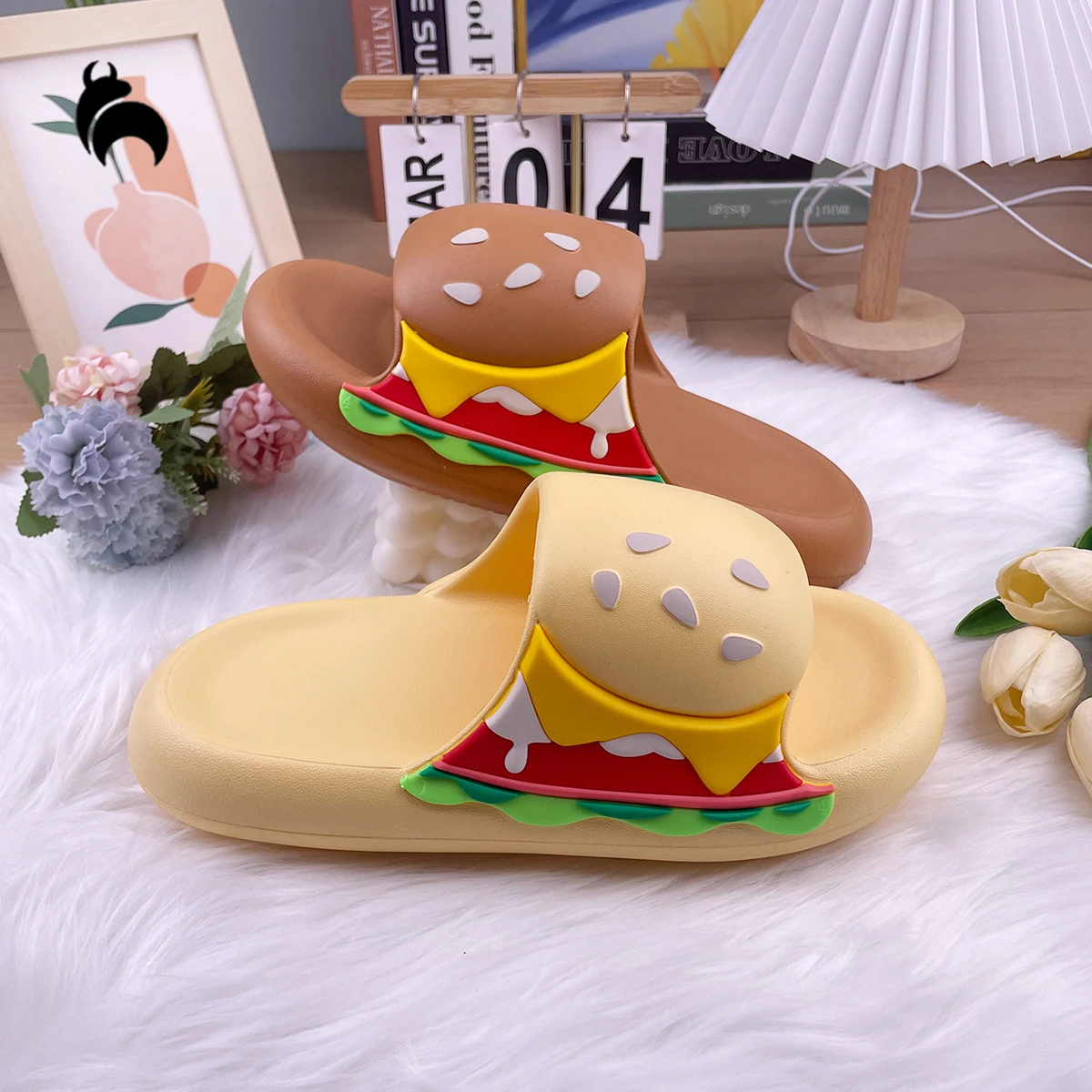 

【Lucky Bean】Cute Hamburger Slippers for Women,Non-slip Cartoon Summer Slippers for Men,Thick Flat Sole Waterproof Slippers