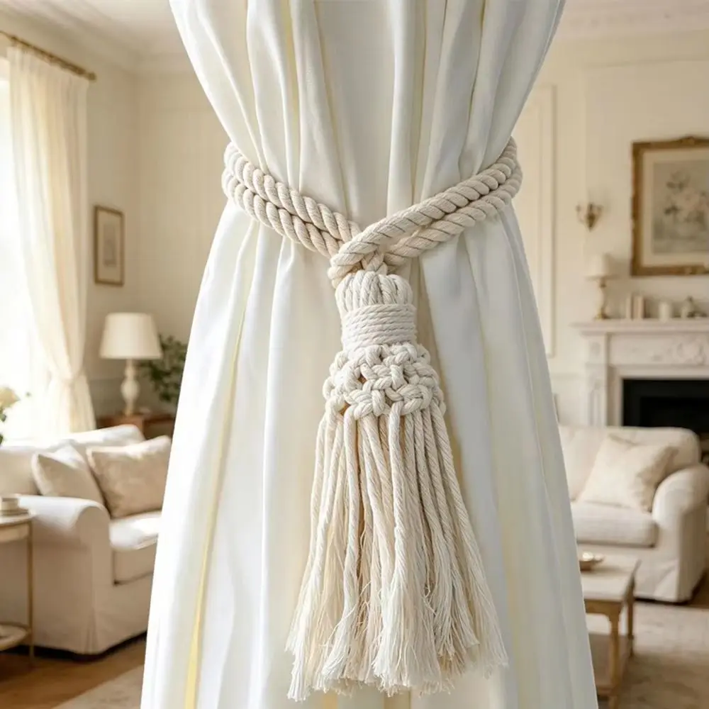 2Pcs Boho Style Curtain Tiebacks Minimalist Decorative Boho Curtain Tiebacks Wooden Bead Handcrafted Macrame Curtain Tiebacks