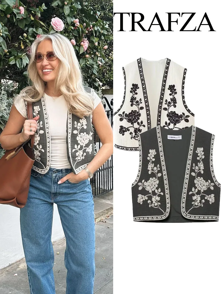 

TRAFZA Women's New Retro Short Contrasting Embroidered Vest Female Elegant Simple Versatile Sleeveless Slim Casual Cardigan Top