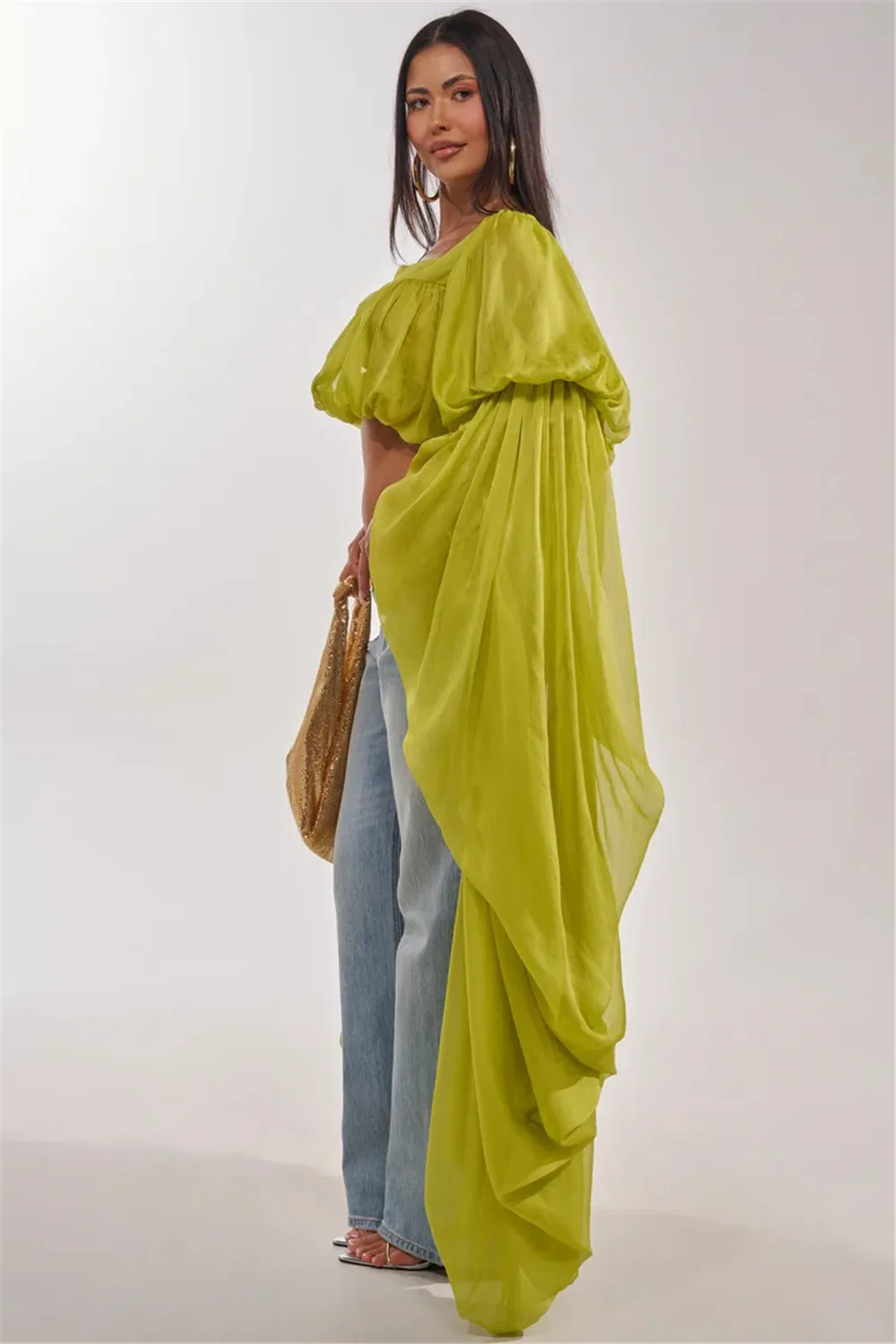 Square Neck Flowy Tunic Blouse Batwing Long Ruffle Maxi Cape Sleeve Loose Chiffon Blouse Women Boho Casual Elegant Flowy Shirt