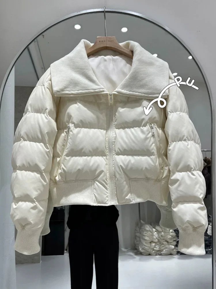 PU Leather Splicing Non Washable Down Jacket Women Short Style 2025 Winter New Laple Collar Trendy White Duck Down Coat