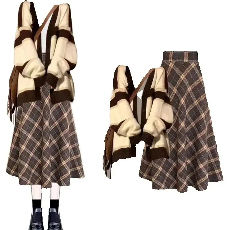 

Новая осенне-зимняя одежда Майяра, полный комплект, женский кардиган в корейском стиле, свитер, клетчатая юбка, комплект из двух предметов