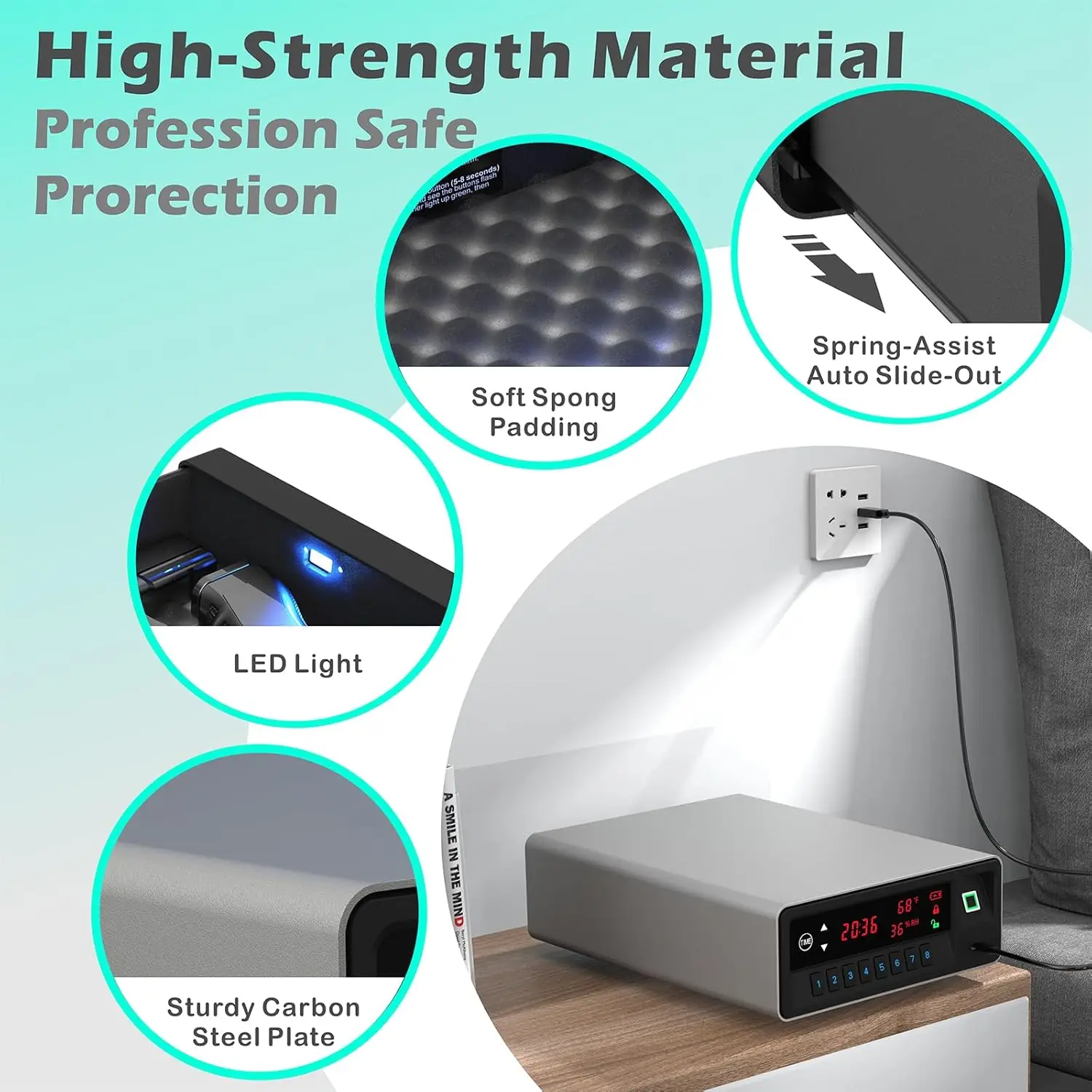 Smart Gun Safe with Security Cable - Biometric Pistol Safe for 2 Handgun 3 Ways Quick Access with Fingerprint/Keypad/Key, for Ni