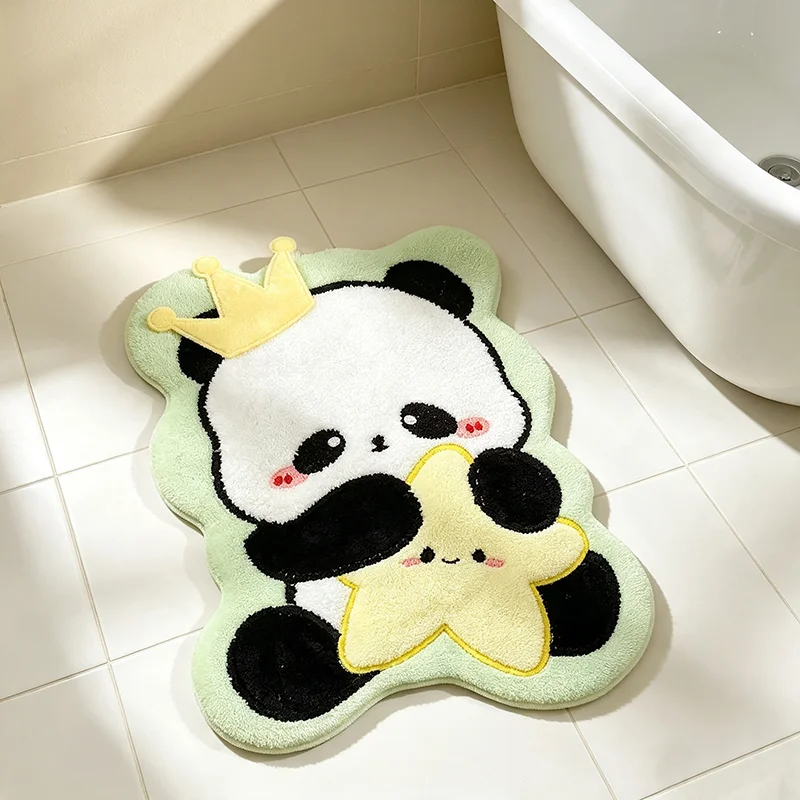 VIKAMA Crown Panda Holding Star Shaped Plush Mat Non Slip Absorbent Cute Animal Bedroom Bathroom Decor Rug