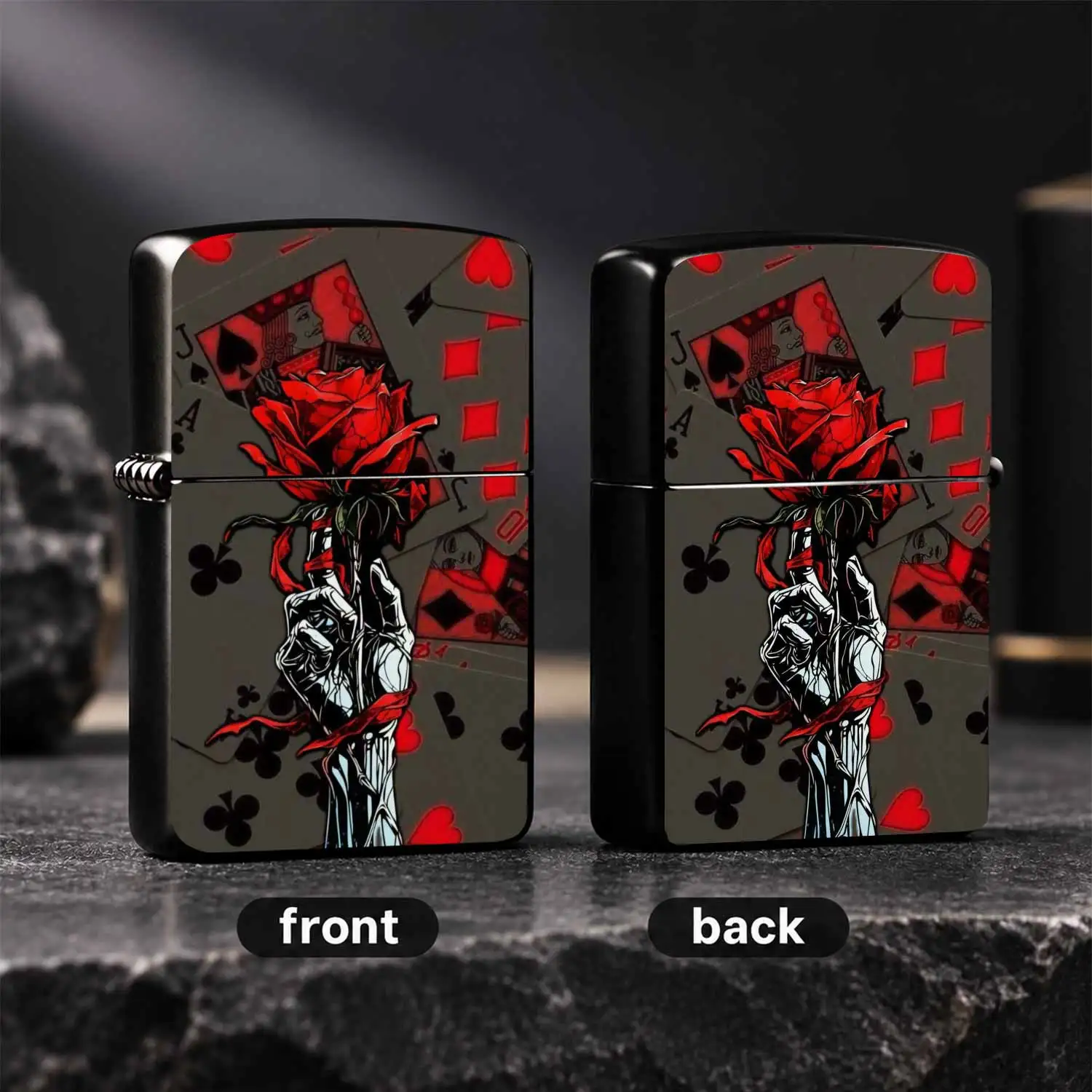 Retro Skeleton Hand Holding Red Rose Cool Playing Card Pattern Decor Portable Durable Windproof  Unique Artistic Gift For Men Collectible Stylish For Daily Outdoor Use A Fun And Humorous Lighter