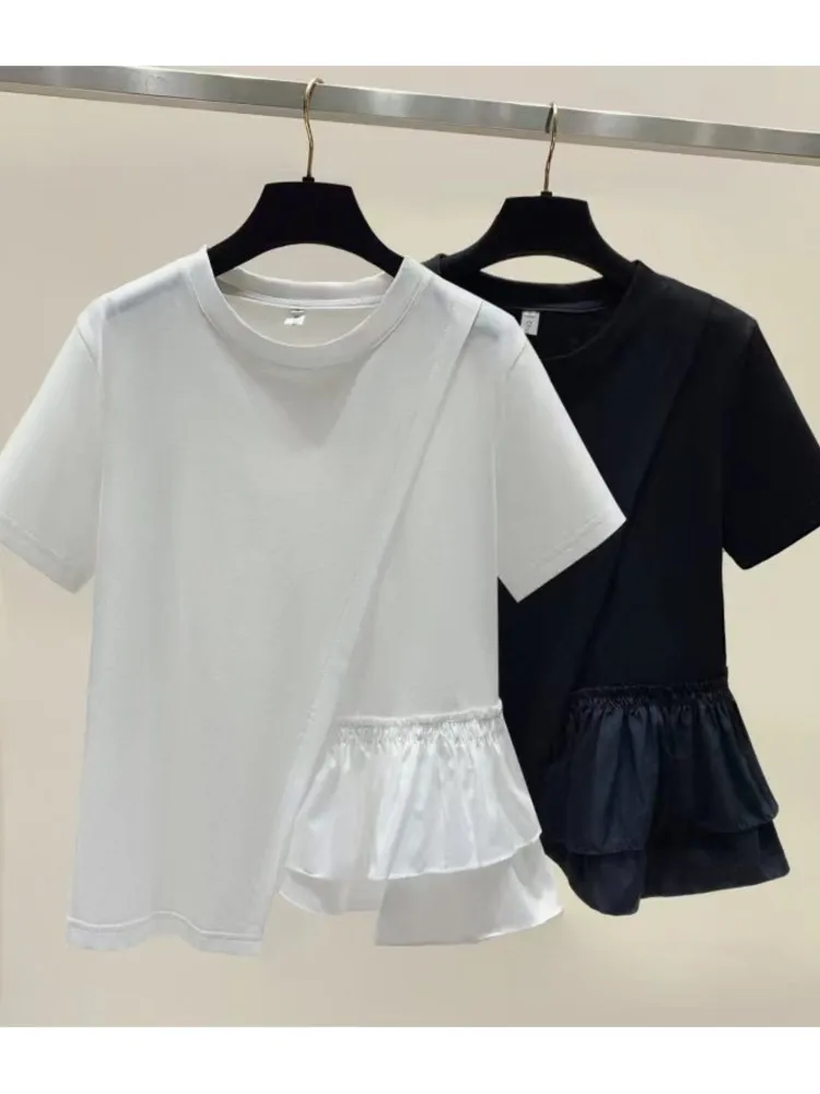 Summer Short Sleeve Tshirts Women Ruffles Patchwork Asymmetrical Fashion T Shirts High Street Casual All-match Ladies Tops