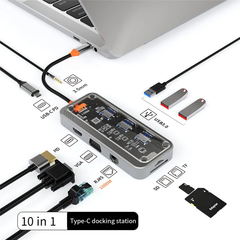 1 Piece Gigabit 10-In-1 Docking Station Type C HUB USB Compatible RJ45 SD Card Reader Gray Plastic USB 3.0 HUB-A25R