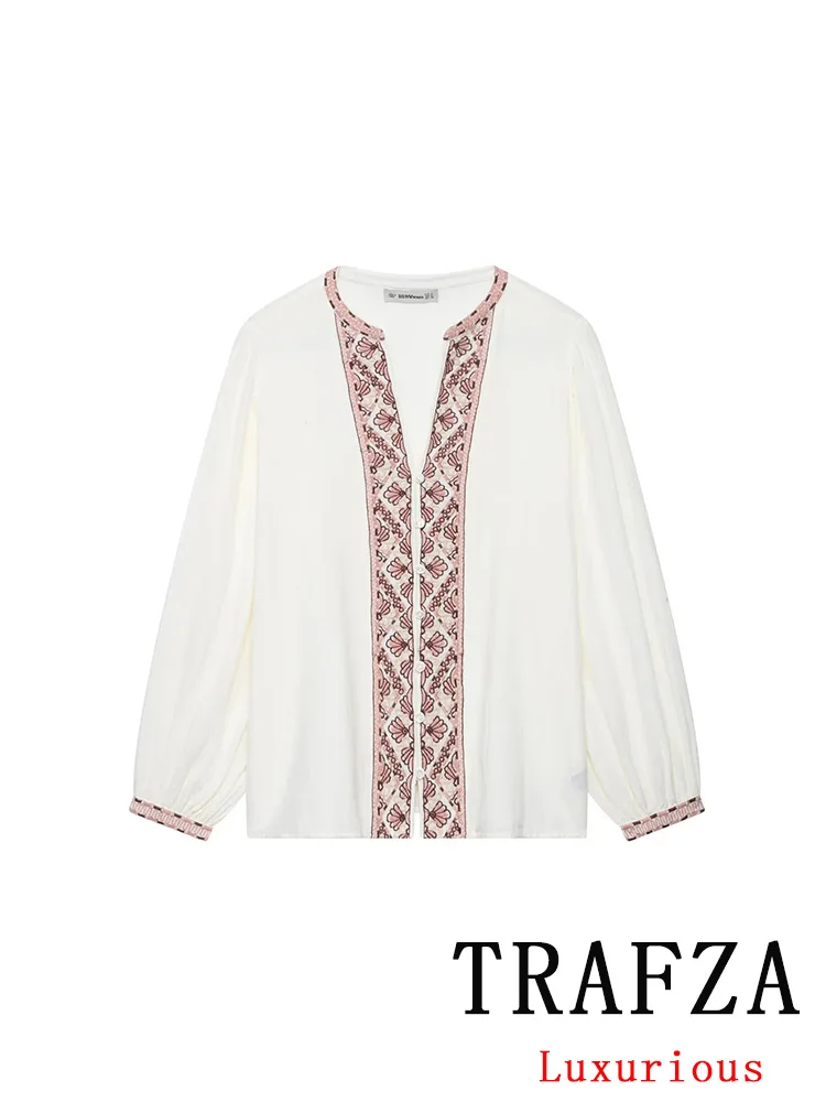 

TRAFZA Casual Women Blouse O-Neck Single Breasted Embroidery Long Sleeve Loose Blouse New Fashion 2025 Spring Summer Chic Shirts