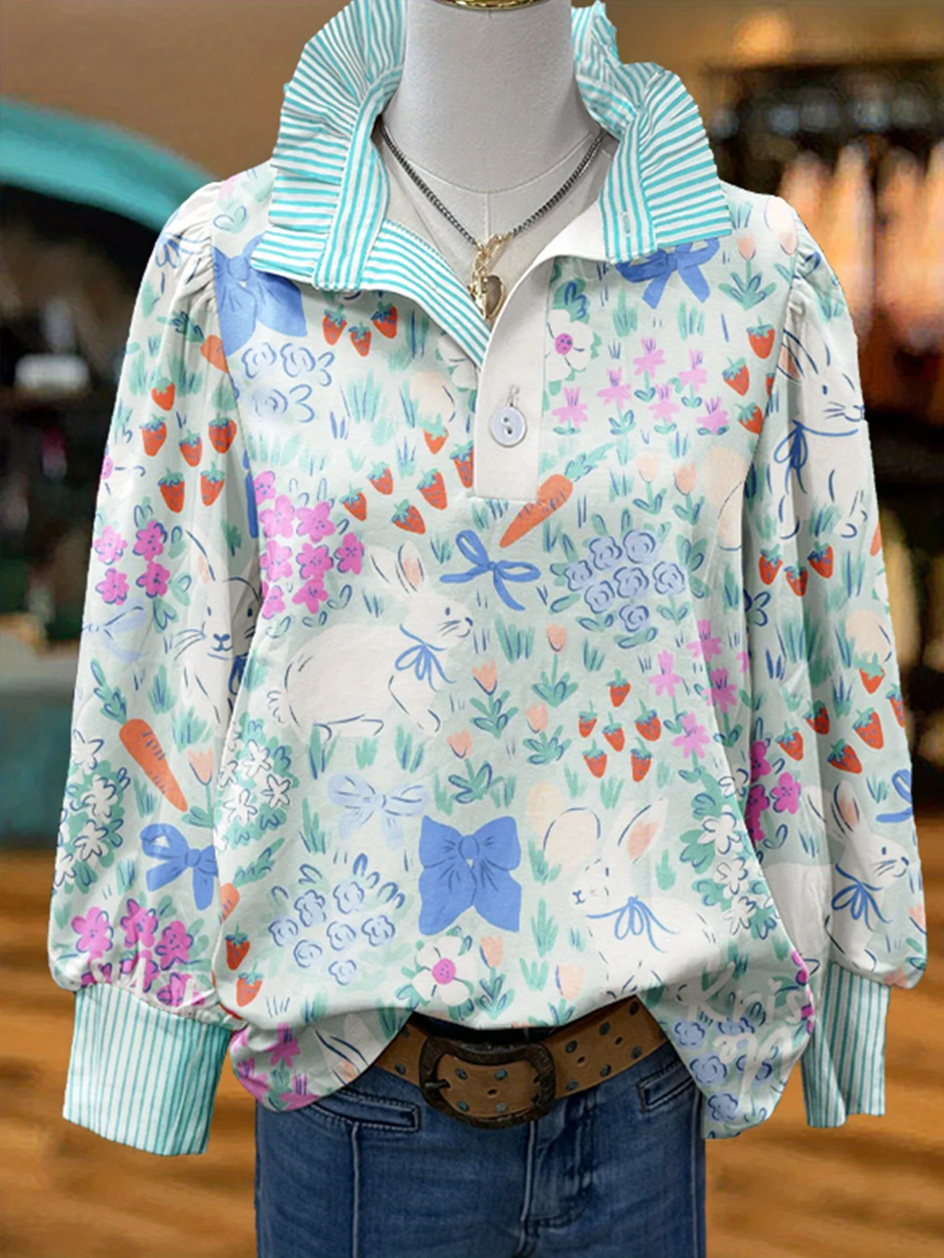 Spring and Autumn Winter Collection Women's Stand up Collar Long Sleeve Shirt,With collar and bohemian black lantern print