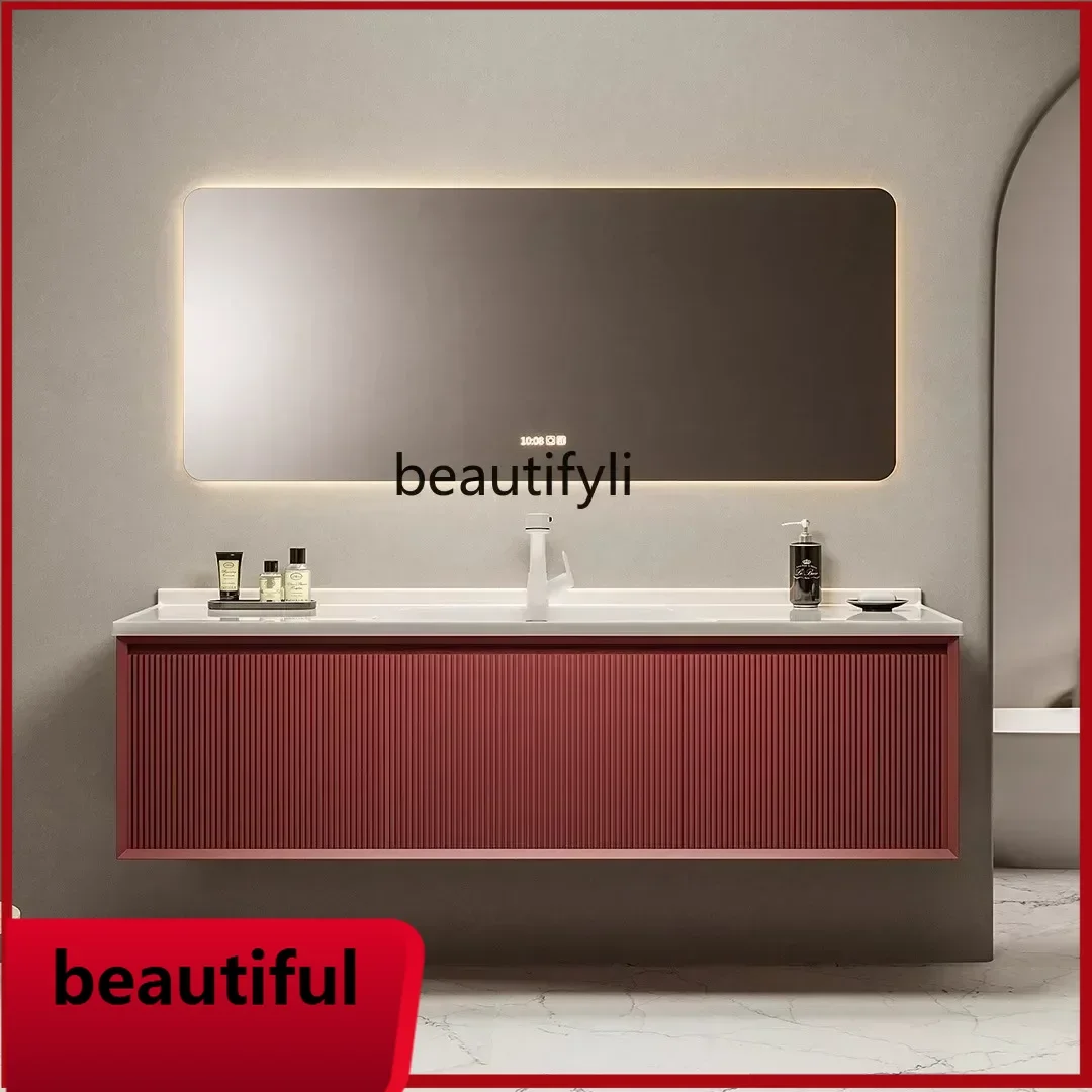 

F156 Simple wind rock slab hot bending integrated basin hanging rubber wood paint, smart bathroom cabinet combination