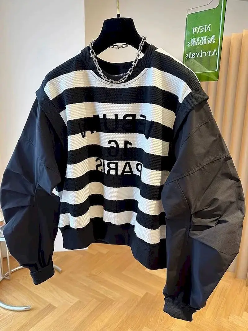 Oversized Pullovers Women Fashion Black White Striped Niche Pullover Tops Casual Loose Fake Two-piece Long Sleeve Tshirt Autumn