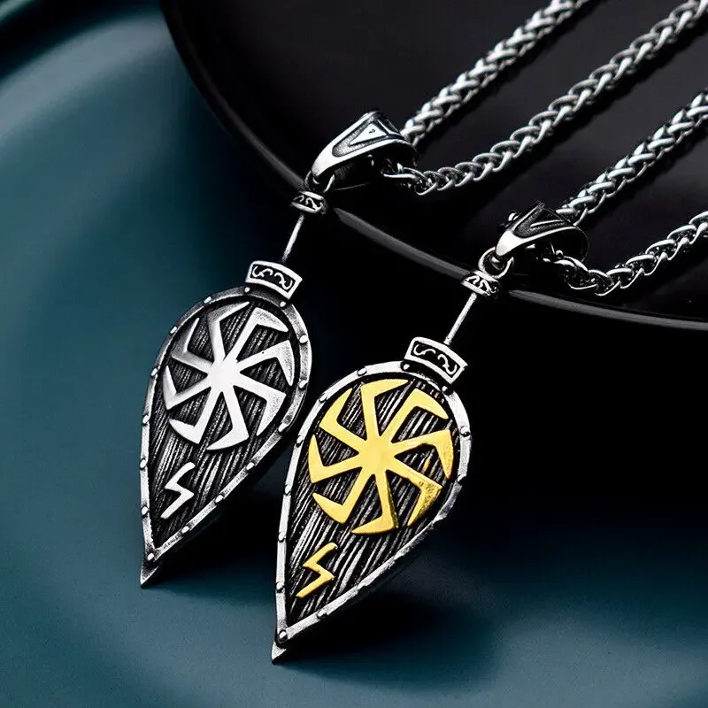 

CHUANGCHENG Men's Viking Kolovrat Sun Wheel Shield Pendant Stainless Steel Necklace Chains